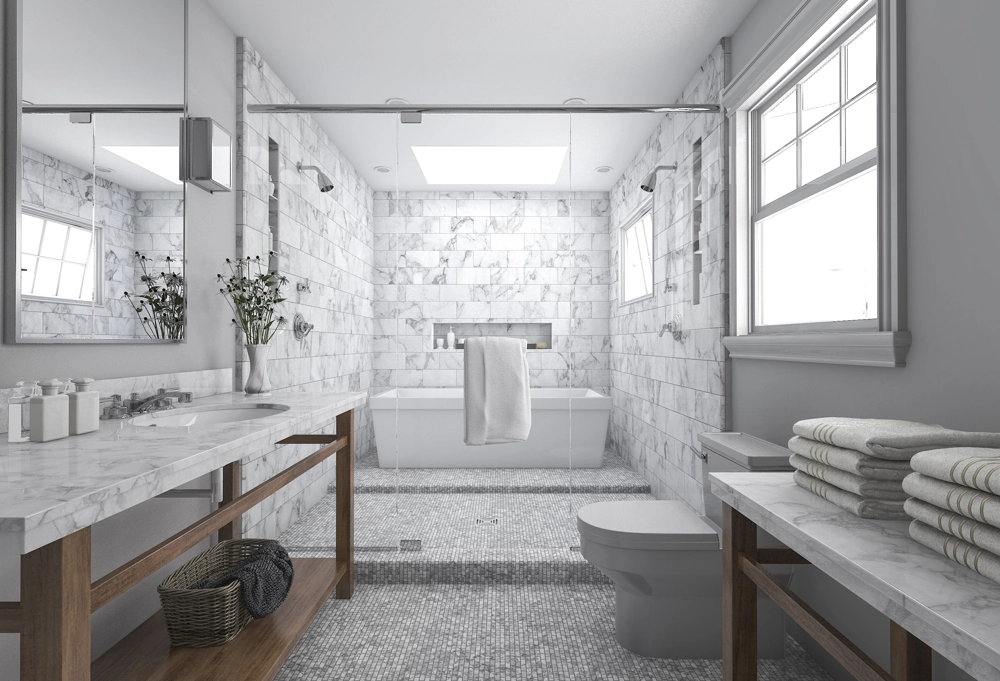 Modernes Badezimmer mit großformatigen Marmorfliesen (Fliesen verlegen), begehbarer Glasdusche, freistehender Badewanne und Doppelwaschtisch