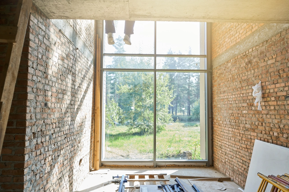 Innenraum im Rohbau mit neu installiertem Panorama-Fenster, freiliegenden Ziegelwänden und Baustoffen für Fenstermontage