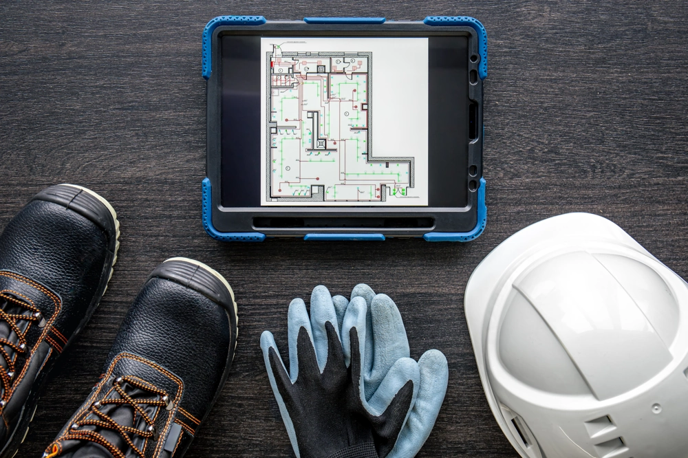 Tablet mit Gebäudeplan, Schutzhelm, Arbeitshandschuhe und Sicherheitsschuhe für Generalunternehmer