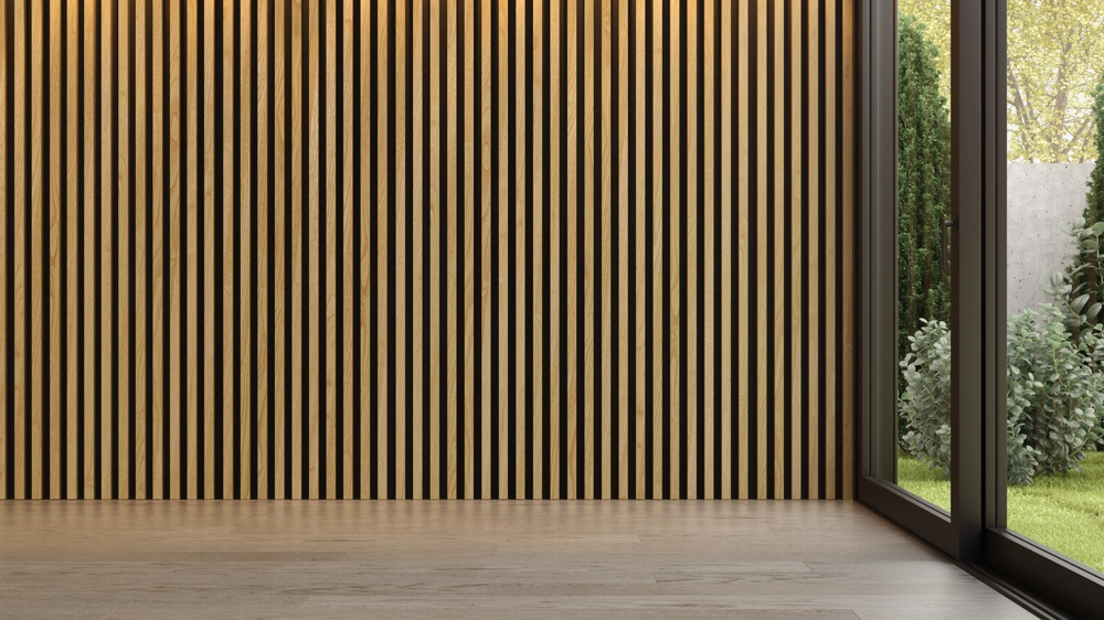 Dekorative Wandpaneele aus Holz im modernen Innenraum mit hellem Parkettboden und verglaster Schiebetür