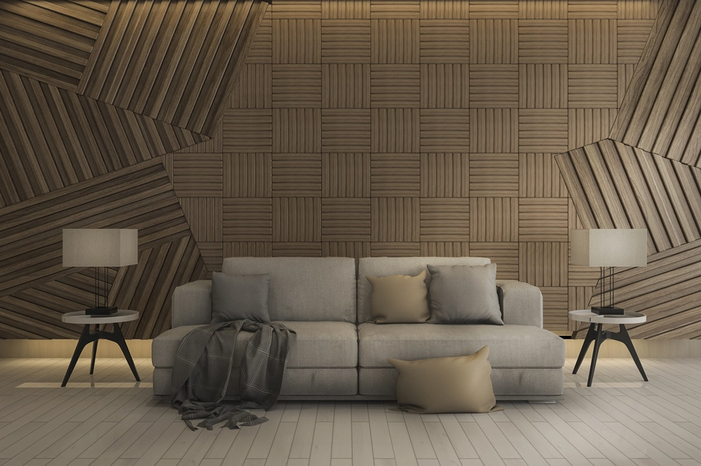 Graues Sofa vor geometrischer Holz-Designwand (Designwände) und hellem Parkettboden